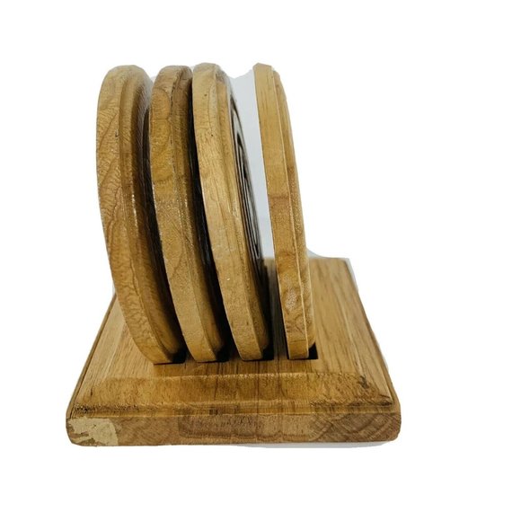 Vintage Kamenstein Wood Swirl Drink Coaster Set 4 Pc Stand Up Caddy Holder - Picture 3 of 10